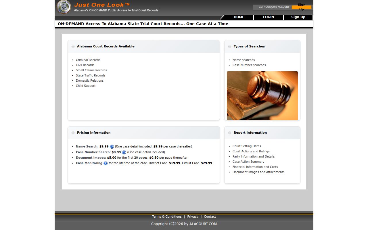 Macon County docket search Alacourt subscriber and Just One Look service