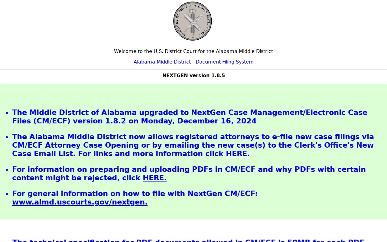 Middle District of Alabama CM ECF and PACER gateway