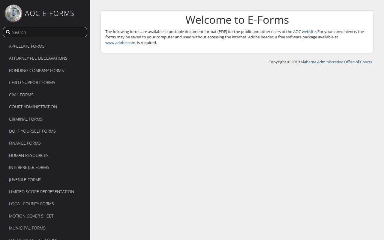 Alabama Unified Judicial System electronic forms library