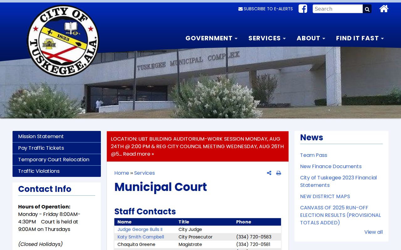 Tuskegee court records information on the official Municipal Court page